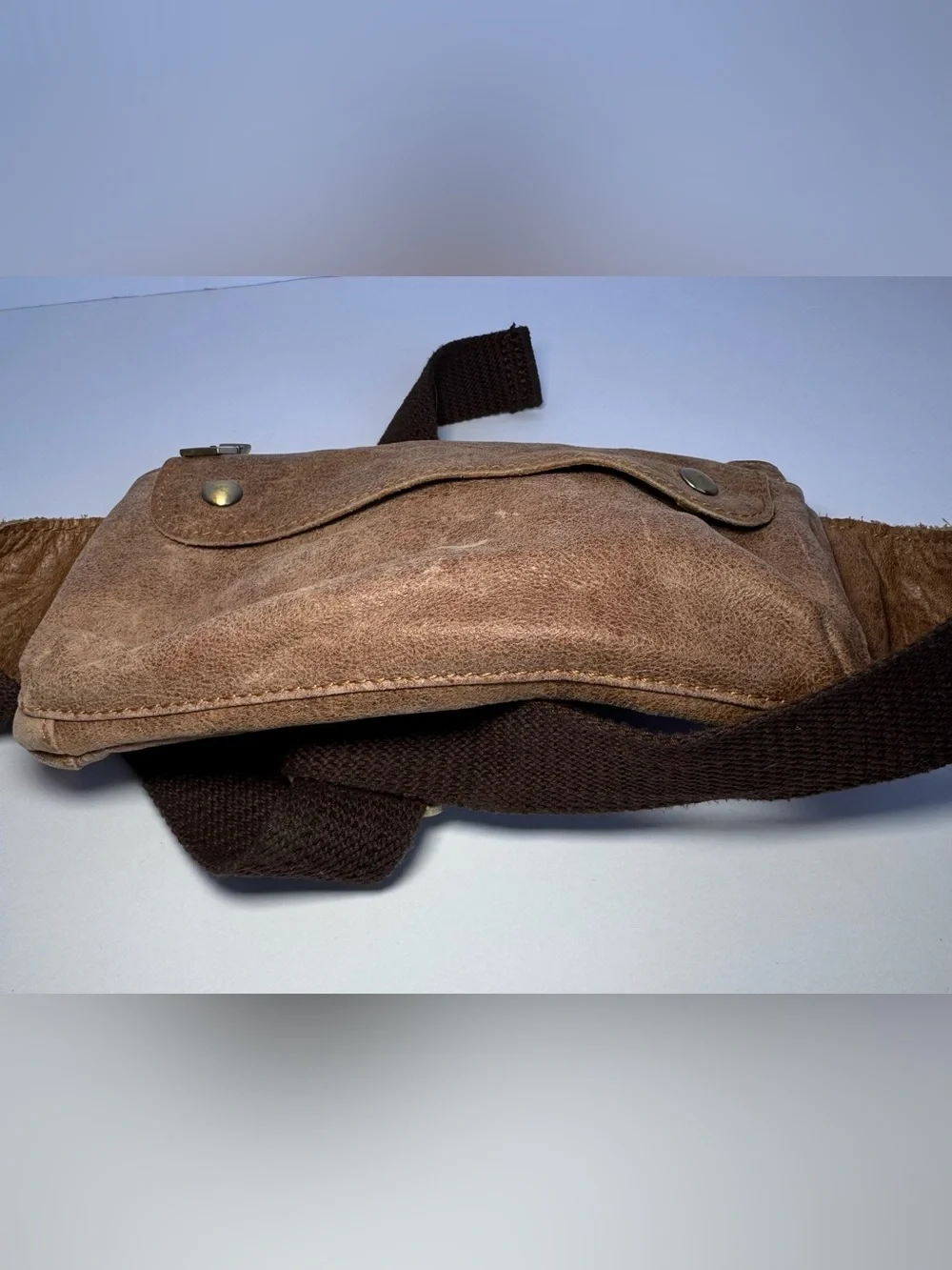 Loyofun Genuine Brown Leather Fanny Pack Waist Bag Brass Metal Buckle Vintage